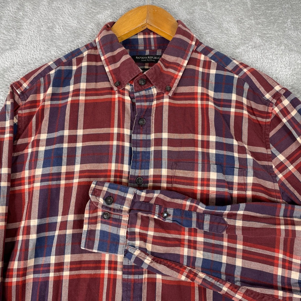 Banana Republic Luxe Flannel Slim‎ Fit Plaid Button Down Shirt Mens Large
